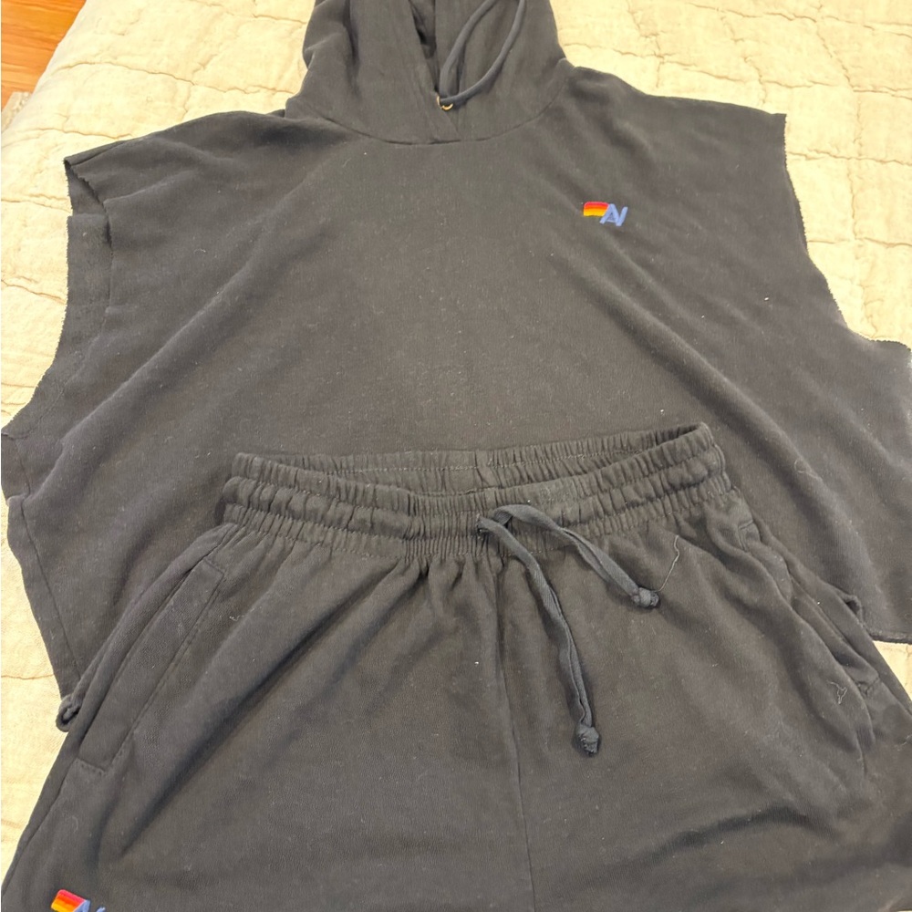 Aviator Nation Black Sleeveless Hoodie and Shorts Set sz L